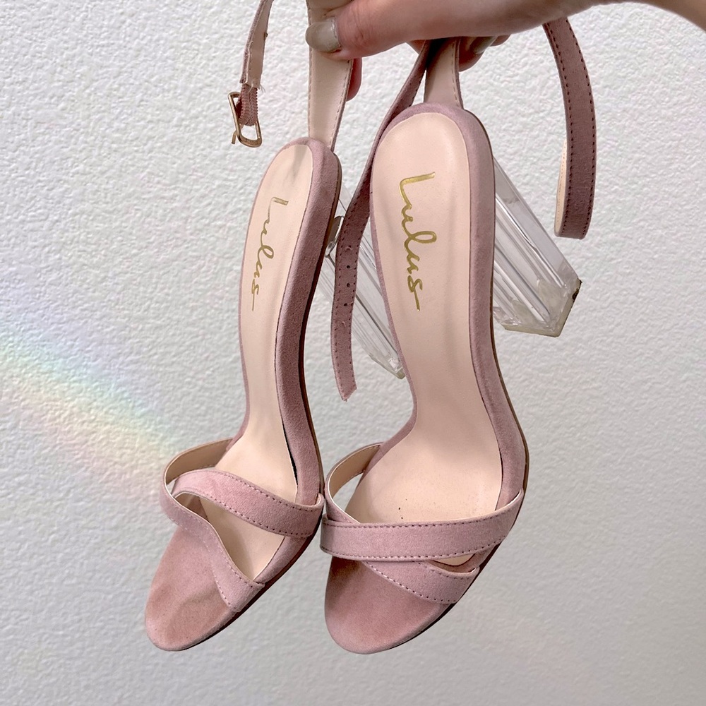 Lulu’s Ismay Pink Lucite Heel Ankle Strap Sandal Pumps 7.5 Prom Wedding Cocktail